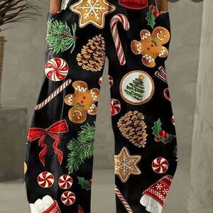 Plus Size Christmas Pants, Women's, Elastic High Rise, Wide Leg Trousers